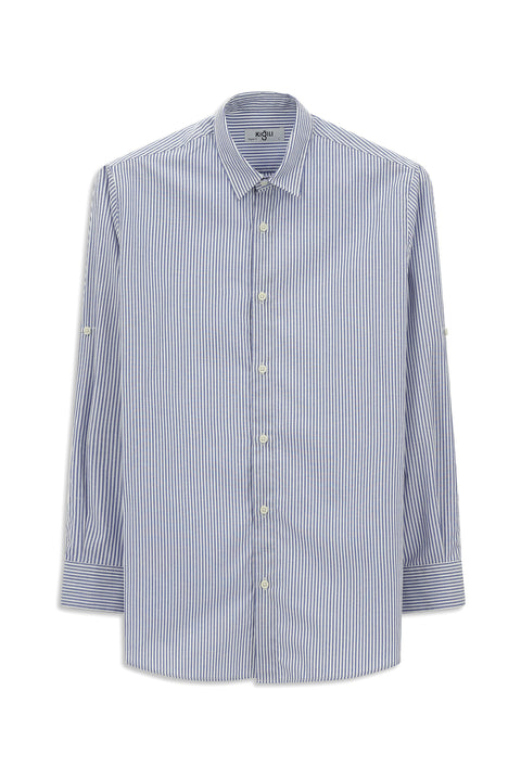Blue Long Sleeve Regular Fit Button-Down Striped Cotton Easy Iron Shirt