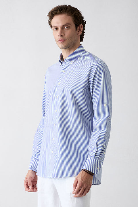Blue Long Sleeve Regular Fit Button-Down Striped Cotton Easy Iron Shirt