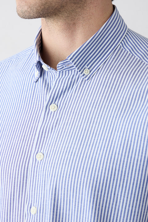 Blue Long Sleeve Regular Fit Button-Down Striped Cotton Easy Iron Shirt