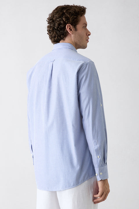 Blue Long Sleeve Regular Fit Button-Down Striped Cotton Easy Iron Shirt