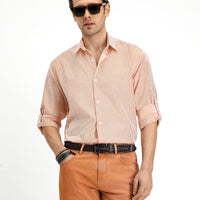 Orange Long Sleeve Regular Fit Button-Down Striped Easy Iron Cotton Shirt