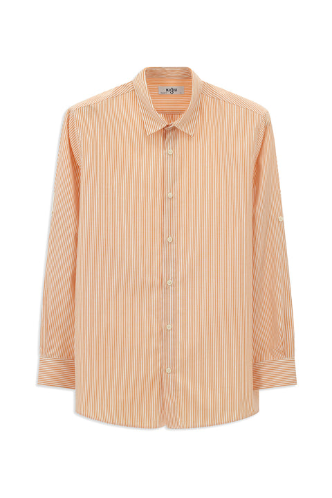 Orange Long Sleeve Regular Fit Button-Down Striped Easy Iron Cotton Shirt