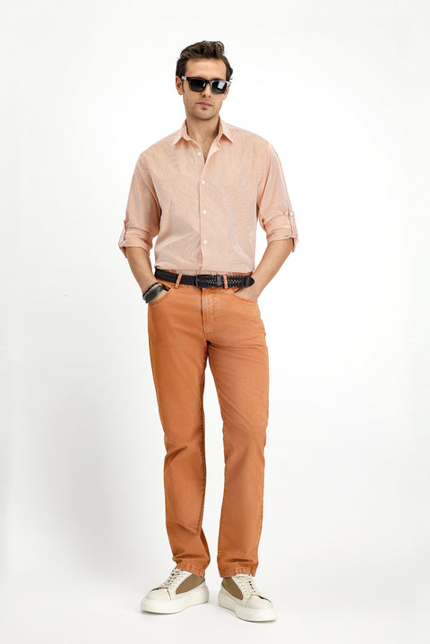 Orange Long Sleeve Regular Fit Button-Down Striped Easy Iron Cotton Shirt