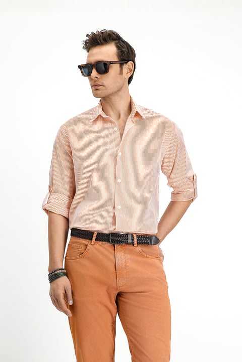 Orange Long Sleeve Regular Fit Button-Down Striped Easy Iron Cotton Shirt