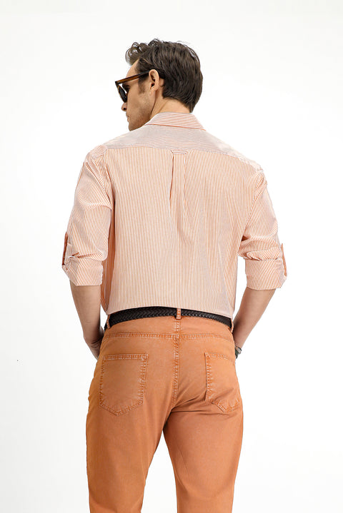 Orange Long Sleeve Regular Fit Button-Down Striped Easy Iron Cotton Shirt