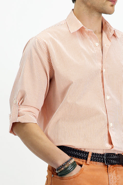Orange Long Sleeve Regular Fit Button-Down Striped Easy Iron Cotton Shirt