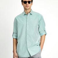 Grass Green Long Sleeve Regular Fit Button-Down Collar Striped Cotton Easy-Iron Shirt