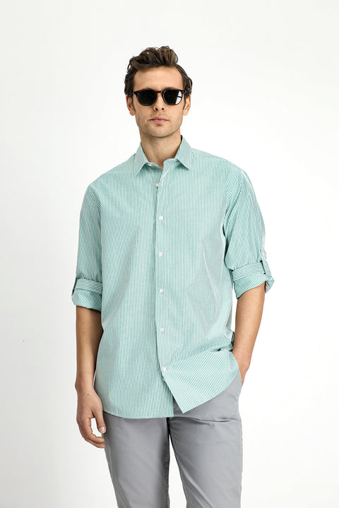 Grass Green Long Sleeve Regular Fit Button-Down Collar Striped Cotton Easy-Iron Shirt