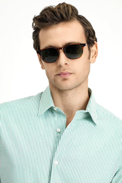 Grass Green Long Sleeve Regular Fit Button-Down Collar Striped Cotton Easy-Iron Shirt