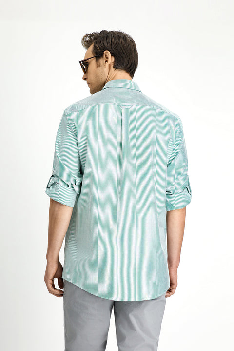 Grass Green Long Sleeve Regular Fit Button-Down Collar Striped Cotton Easy-Iron Shirt
