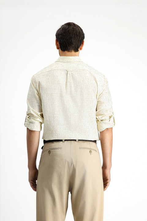 Açık Kahve Uzun Kol Regular Fit Pamuklu Spor Çizgili Gömlek