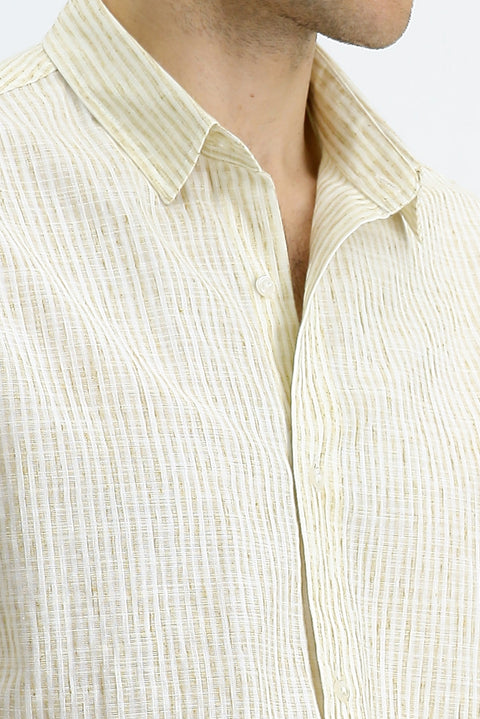 Açık Kahve Uzun Kol Regular Fit Pamuklu Spor Çizgili Gömlek