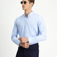 Mavi Uzun Kol Slim Fit Dar Kesim Pamuklu Keten Düğmeli Yaka Gömlek