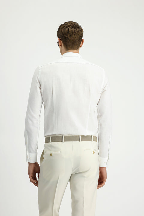 Beyaz Uzun Kol Slim Fit Dar Kesim Pamuklu Keten Düğmeli Yaka Gömlek