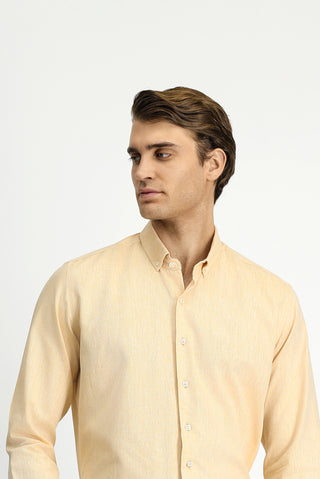 Hardal Uzun Kol Slim Fit Dar Kesim Pamuklu Keten Düğmeli Yaka Gömlek