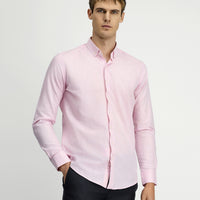 Pembe Uzun Kol Slim Fit Dar Kesim Pamuklu Keten Düğmeli Yaka Gömlek