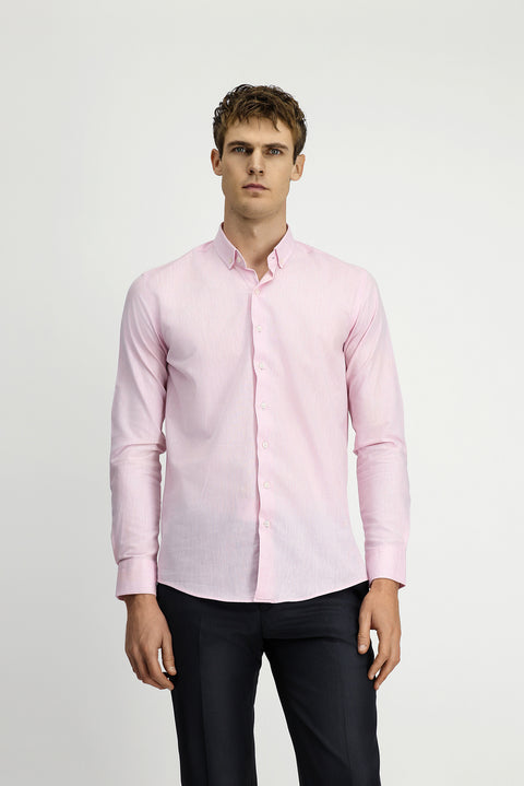 Pink Long Sleeve Slim Fit Narrow Cut Cotton Linen Button-Down Collar Shirt