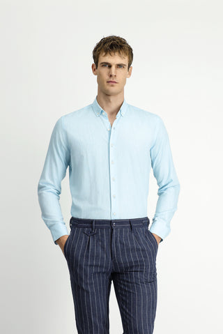Orta Turkuaz Uzun Kol Slim Fit Dar Kesim Pamuklu Keten Düğmeli Yaka Gömlek