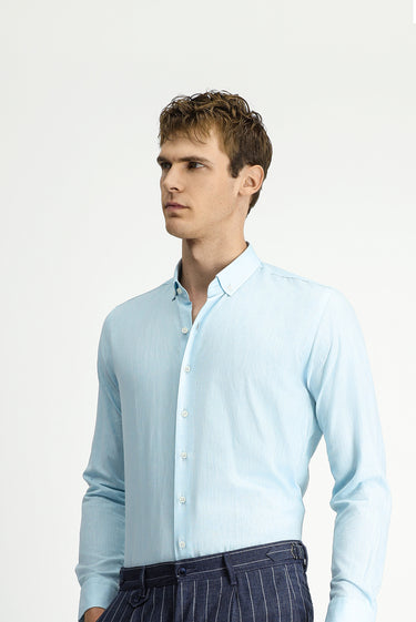 Orta Turkuaz Uzun Kol Slim Fit Dar Kesim Pamuklu Keten Düğmeli Yaka Gömlek