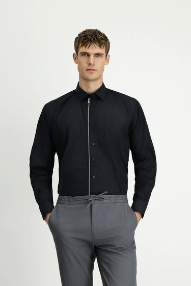 Siyah Uzun Kol Regular Fit Fermuarlı Pamuk Gömlek