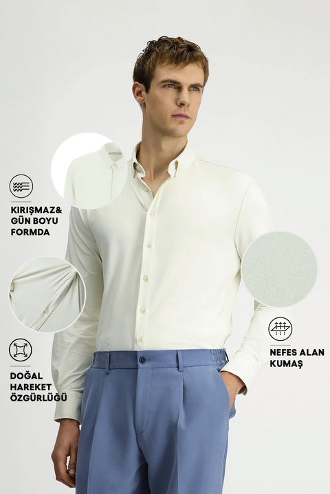 Kırık Beyaz Techno-Line Uzun Kol Regular Fit Likralı Düğmeli Yaka Gömlek