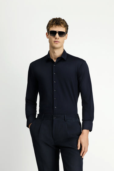 Siyah Techno-Line Uzun Kol Regular Fit Likralı Gömlek