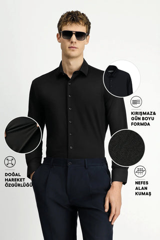 Siyah Techno-Line Uzun Kol Regular Fit Likralı Esnek Gömlek