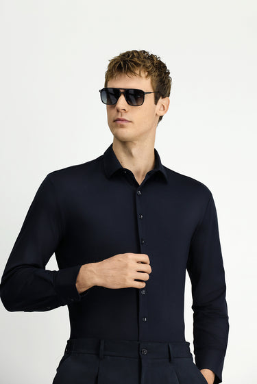 Siyah Techno-Line Uzun Kol Regular Fit Likralı Gömlek