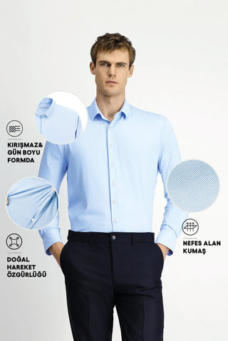 Açık Mavi Techno-Line Uzun Kol Regular Fit Likralı Esnek Gömlek