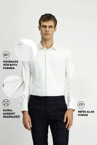 Beyaz Techno-Line Uzun Kol Regular Fit Likralı Esnek Gömlek