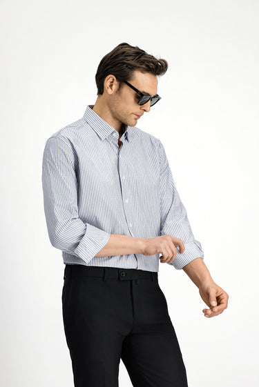 Orta Lacivert Uzun Kol Klasik Çizgili Pamuk Gömlek