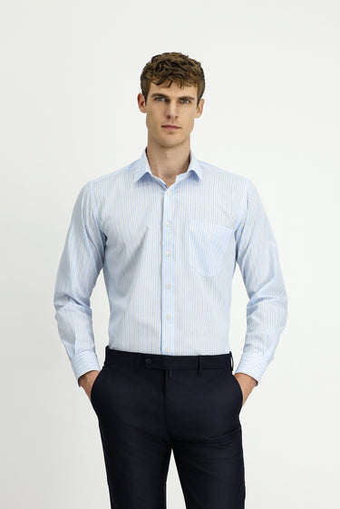 Açık Mavi Uzun Kol Kasik Çizgili Pamuk Gömlek