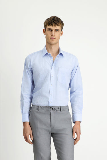 Açık Mavi Uzun Kol Regular Fit Pamuk Çizgili Gofre Gömlek