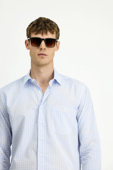 Açık Mavi Uzun Kol Regular Fit Pamuk Ekose Gömlek