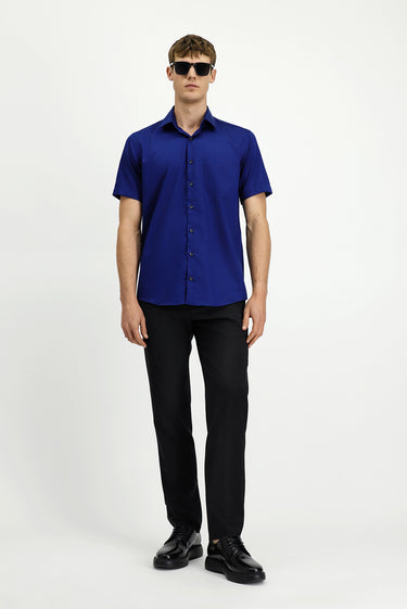 Orta Lacivert Kısa Kol Regular Fit Pamuklu Non Iron Gömlek