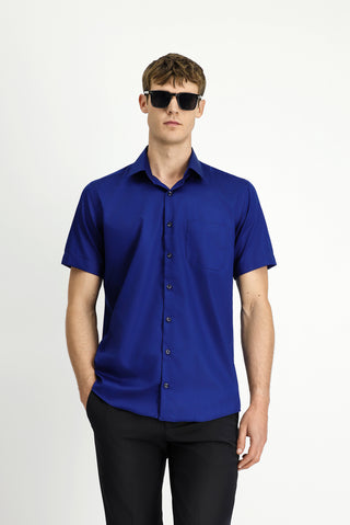 Orta Lacivert Kısa Kol Regular Fit Pamuklu Non Iron Gömlek