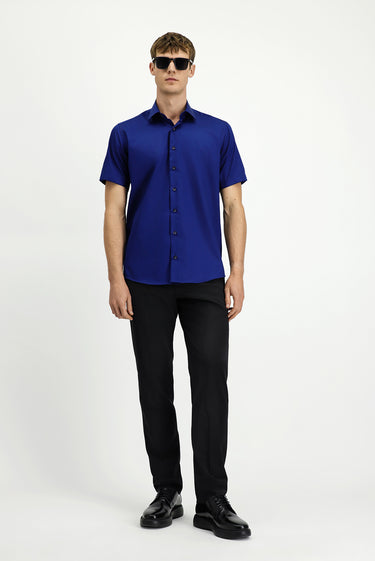 Orta Lacivert Kısa Kol Regular Fit Non Iron Pamuklu Gömlek