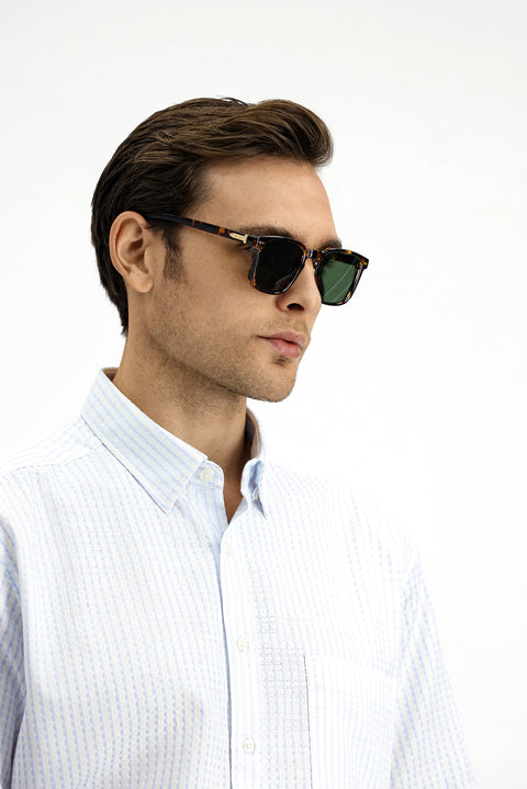 Light Blue Short Sleeve Regular Fit Cotton Striped Shirt