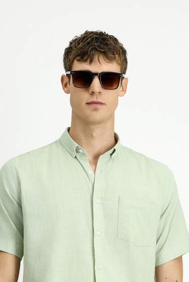 Su Yeşili Kısa Kol Relaxed Fit Düğmeli Yaka Keten Görünümlü Pamuk Spor Gömlek
