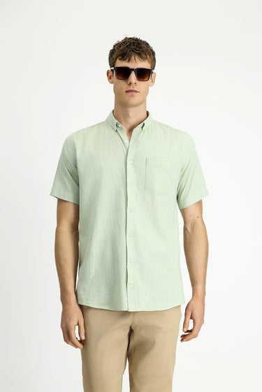 Su Yeşili Kısa Kol Relaxed Fit Düğmeli Yaka Keten Görünümlü Pamuk Spor Gömlek
