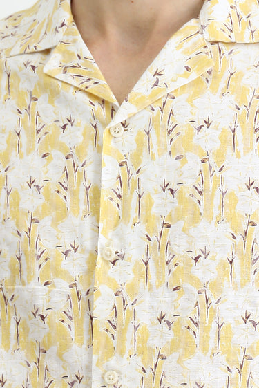 Açık Sarı Kısa Kol Regular Fit Pamuklu Spor Baskılı Gömlek