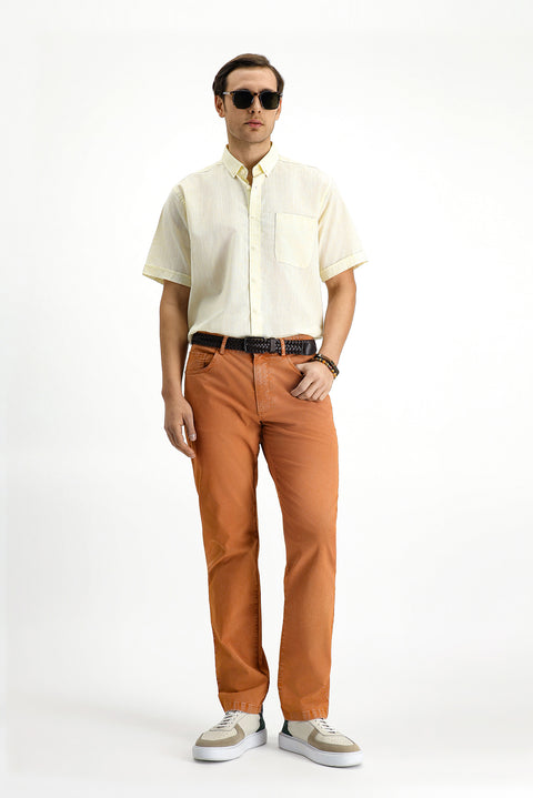 Light Yellow Short Sleeve Regular Fit Button-Down Collar Patterned Cotton Shirt