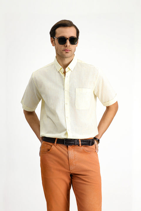 Light Yellow Short Sleeve Regular Fit Button-Down Collar Patterned Cotton Shirt