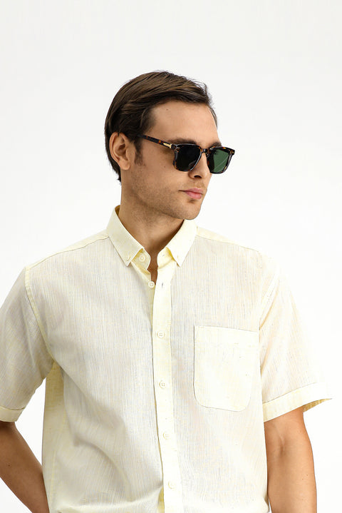 Light Yellow Short Sleeve Regular Fit Button-Down Collar Patterned Cotton Shirt