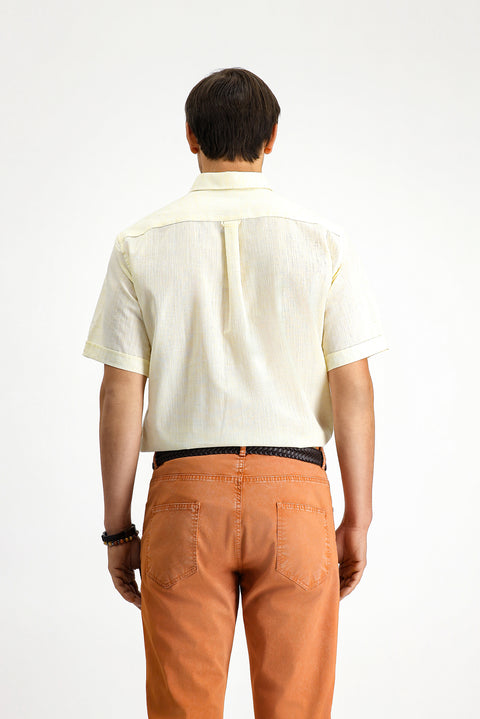 Light Yellow Short Sleeve Regular Fit Button-Down Collar Patterned Cotton Shirt
