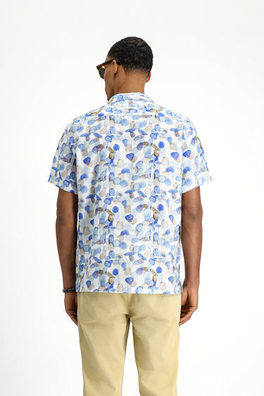 Mavi Kısa Kol Regular Fit Pamuklu Keten Baskılı Gömlek