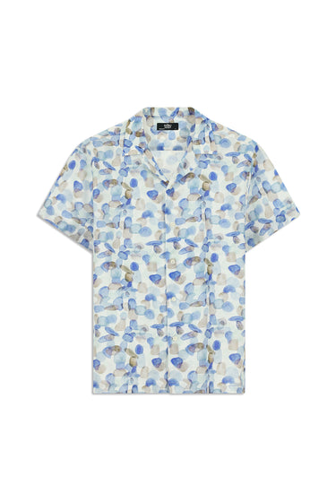 Mavi Kısa Kol Regular Fit Pamuklu Keten Baskılı Gömlek