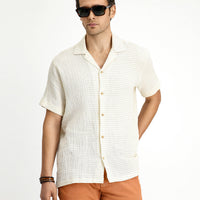 Light Yellow Short Sleeve Regular Fit Cotton Striped Shirt