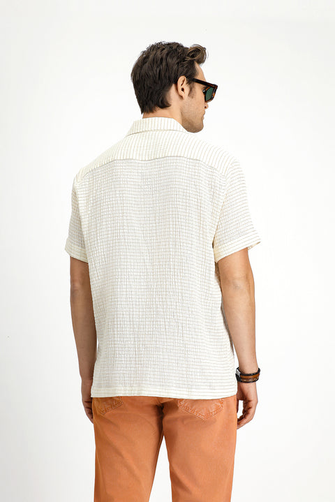 Light Yellow Short Sleeve Regular Fit Cotton Striped Shirt