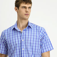 Dark Blue Short Sleeve Regular Fit Plaid Cotton Shirt